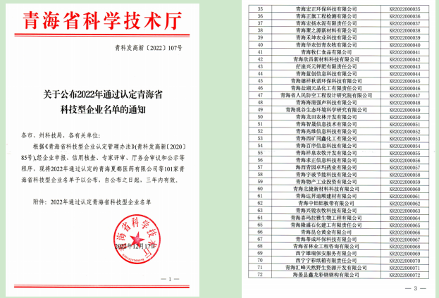 工投公司被青海省科技厅成功认定为“青海省科技型企业”